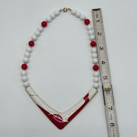 Vintage Red & White Enamel Beaded Necklace With Gold-Tone V-Shaped - Picture 7 of 9